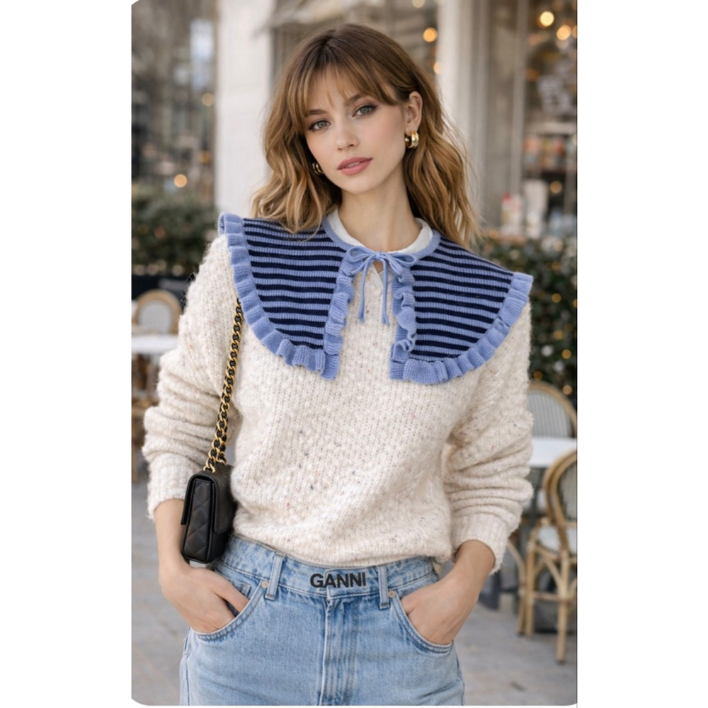 BwT Women's GANNI Blue & Black Striped Ruffle Knit Shrug, One Size